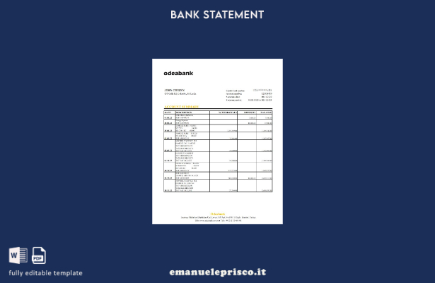 modello Excel di estratto conto bancario Odeabank Turchia stile verificato